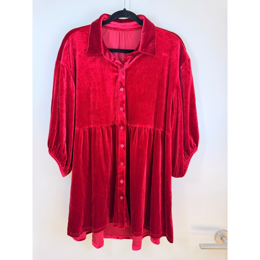 Velvet Babydoll Tunic Top Women L Red Excellent Tiered Blouse Button Front Mini
